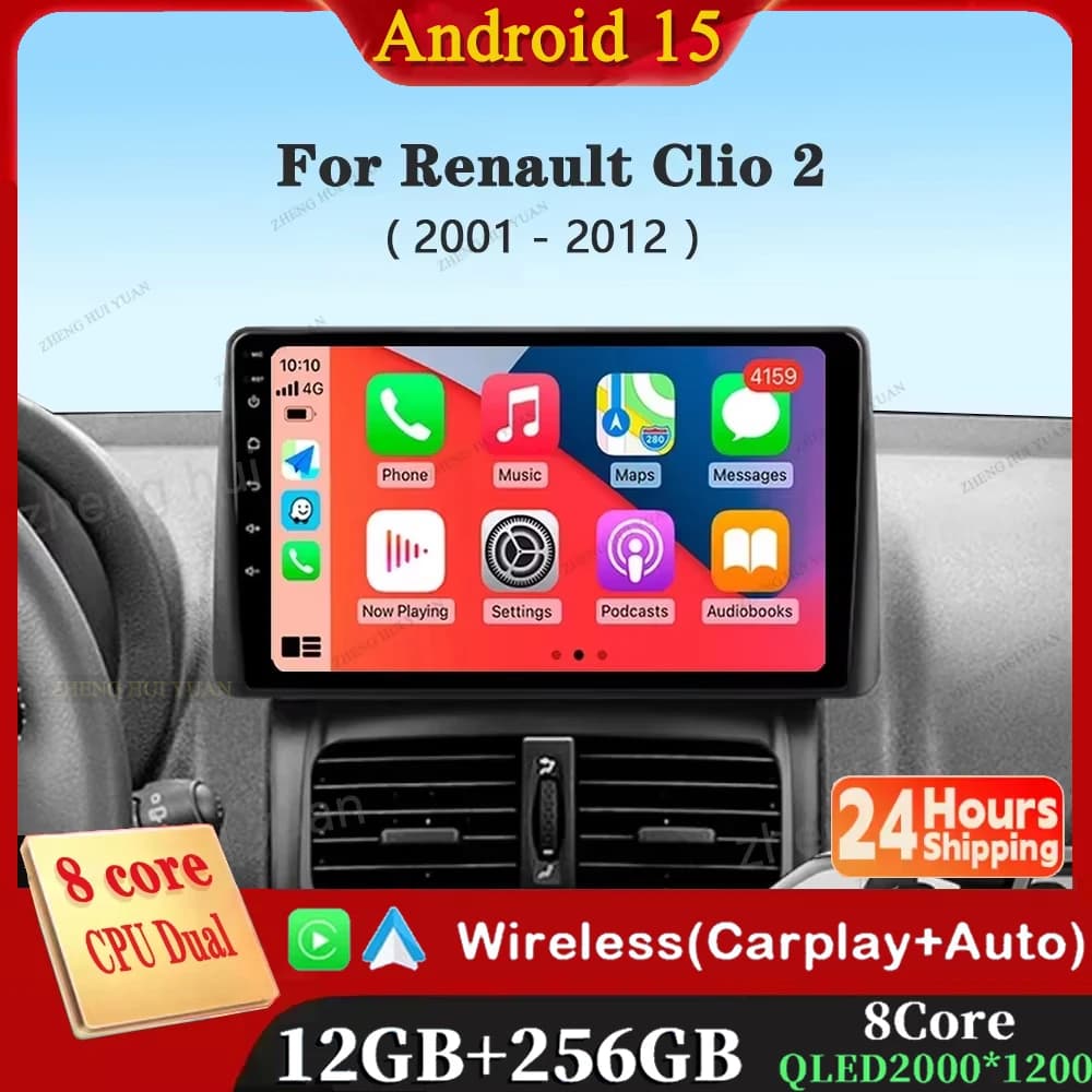 Car Radio Wireless Carplay For Renault Clio 2 BB CB 2001 - 2012 Navigation GPS Android Auto QLED Screen Stereo Android 15