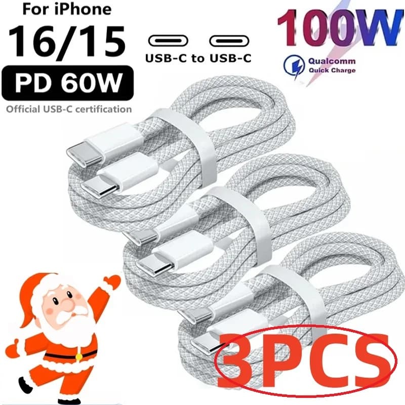 Quick charging data cables from USB C to USB C from 3 pieces 100 W support fast charging for iPhone 16 15 devices and Samsung Xiaomi Huawei
