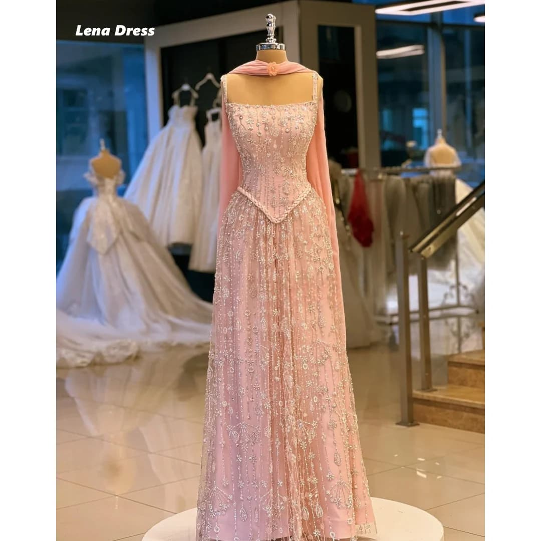 Lena Abito da ballo Abito con perline Abiti da ballo 2025 Abiti da sera di lusso Donna Elegante Scialle Robe Soiree Pizzo Custom Made Linea A Lunga