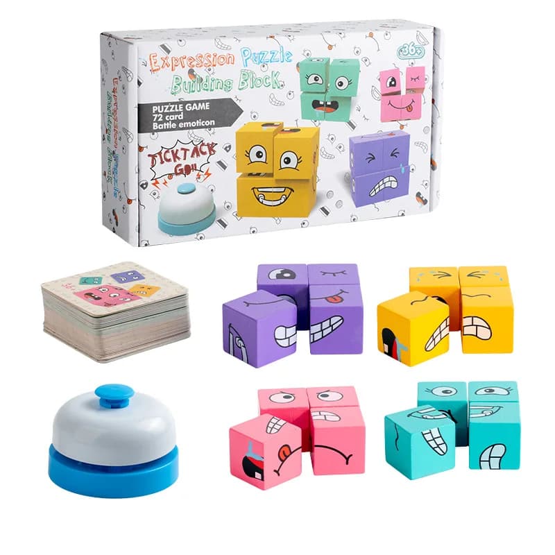 Gioco di Impilamento Blocchi Espressionistici in Legno, Gioco di Impilamento Blocchi Espressionistici con Campanello e Gioco di Carte