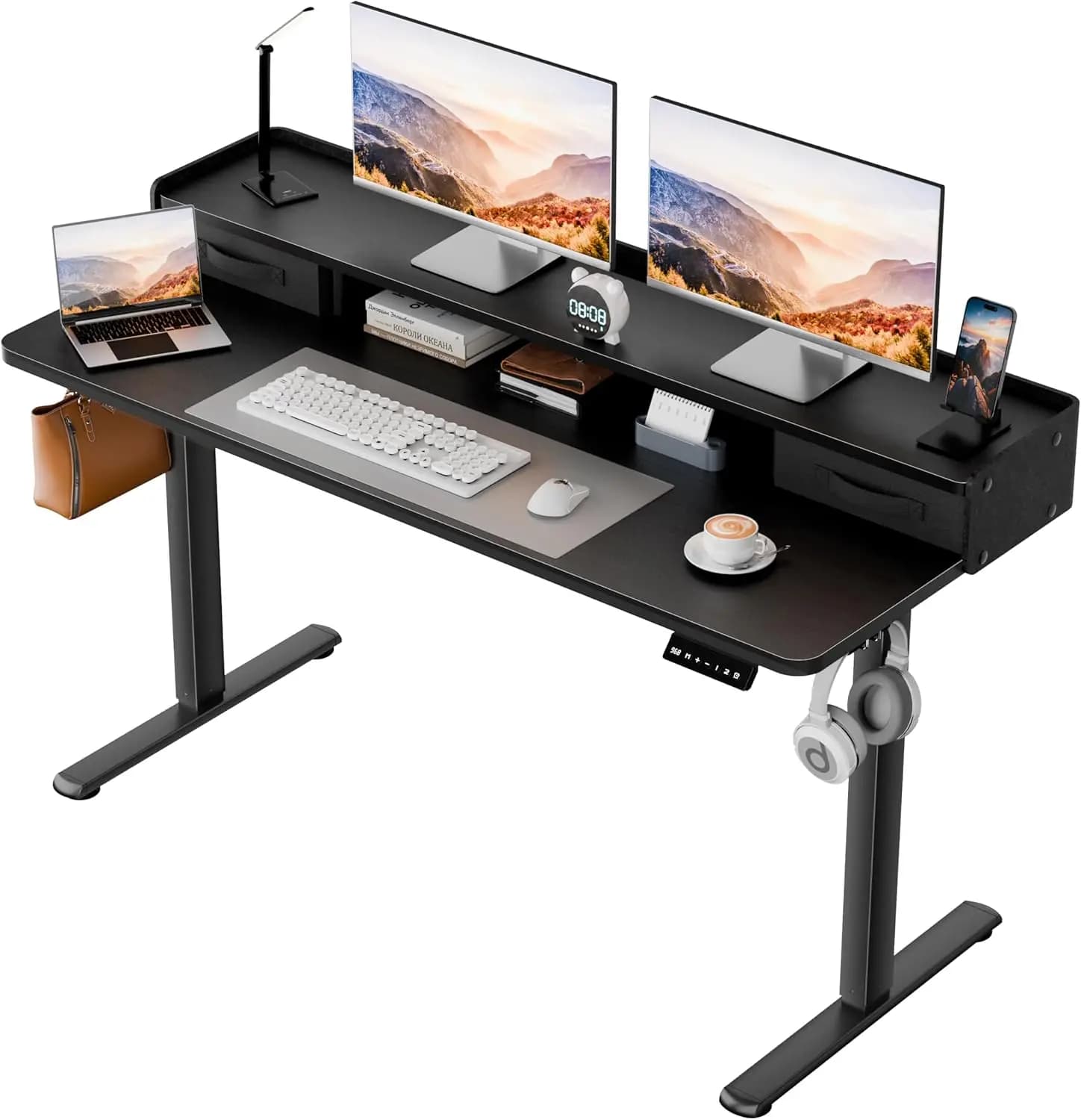 Scrivania Elettrica Regolabile in Altezza con 2 Cassetti, Ripiano per Monitor e Installazione Rapida per Ufficio Domestico (Nera, 48 Pollici)
