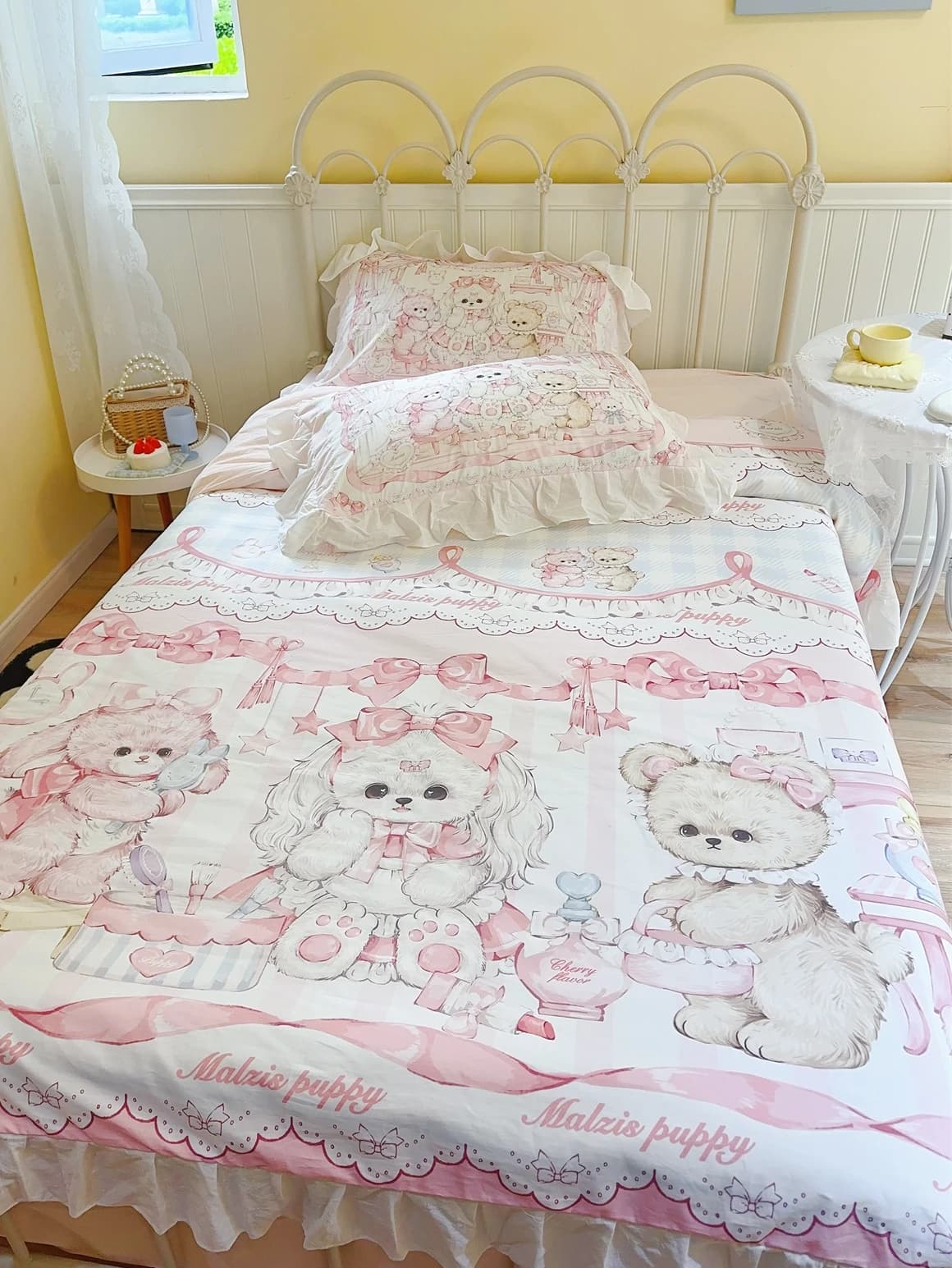 Baby Bed Linen Set in Pure Cotton with Original Design Bear and Lace, 3-4 Pieces, Digital Printing for All Seasons