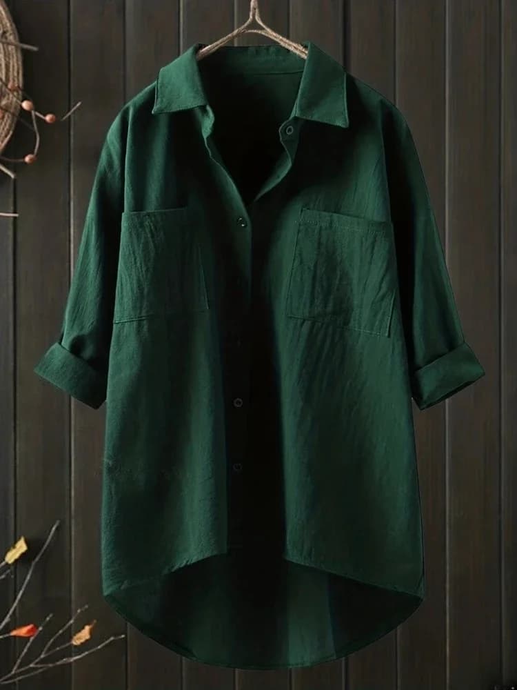 Women's Summer Shirt Boho Plus Size Women's Casual Blouse Cotton Long Sleeved Elegant Top With Pocket With Laced Stretched Collar