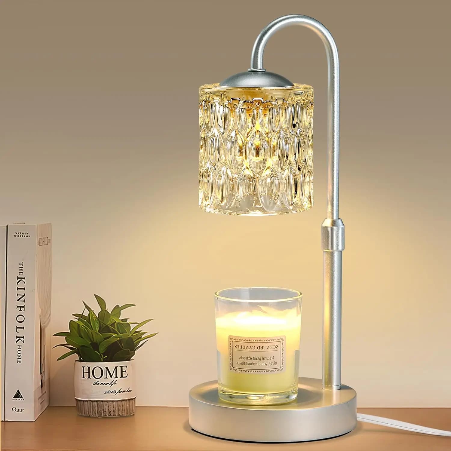 Dimmable Candle Warmer Lamp with Timer, Height Adjustable, Safe Electric Wax Melter, Home Decor, Gift for Women Mom, Housewarming, Silver Wood Base