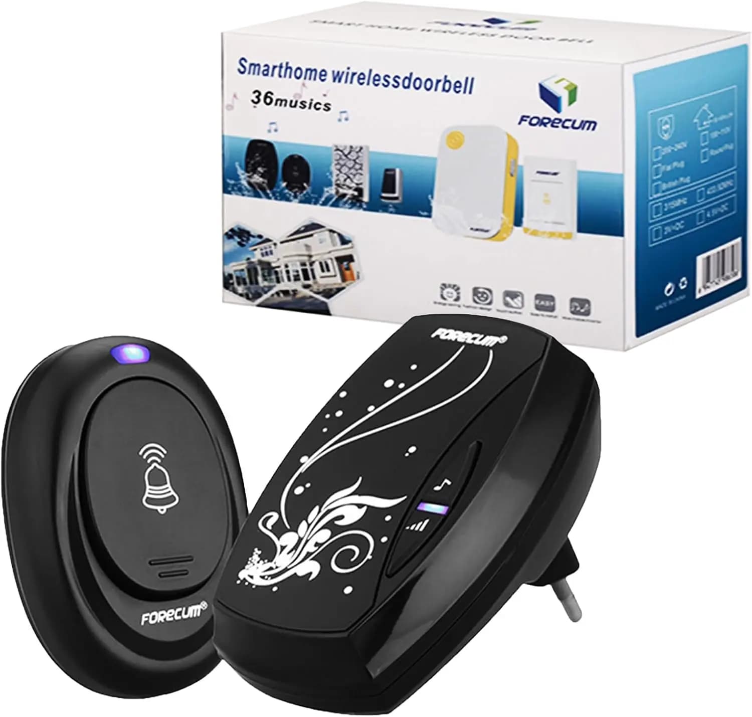 Forecum Smart Home Wireless Doorbell Plug 36 bells Transmission range of 100 meters Weatherproof with EU power adapter