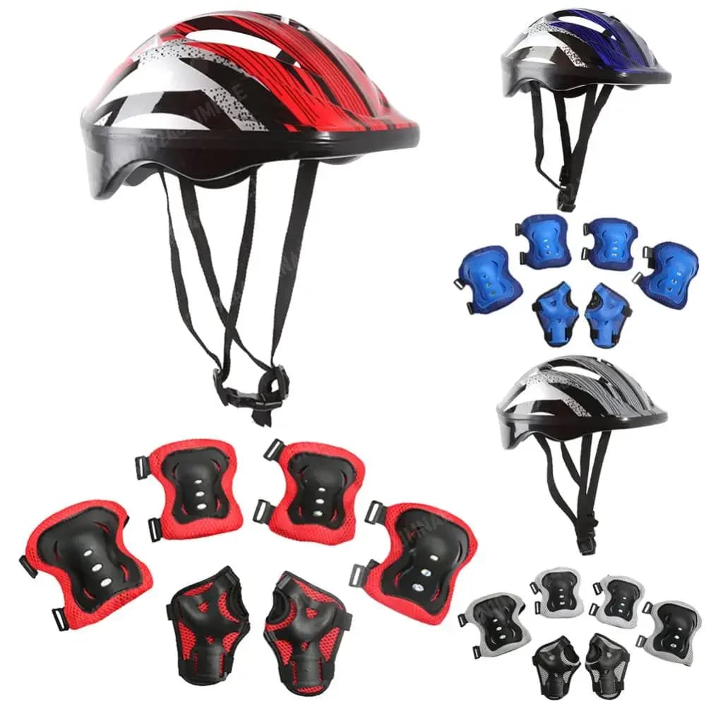 Set di Protezioni per Casco, Ginocchia e Gomiti da 7 Pezzi, Regolabile, per Bambini, Bicicletta, Sport, 48-55cm, per Ragazzi e Ragazze 5-12 Anni