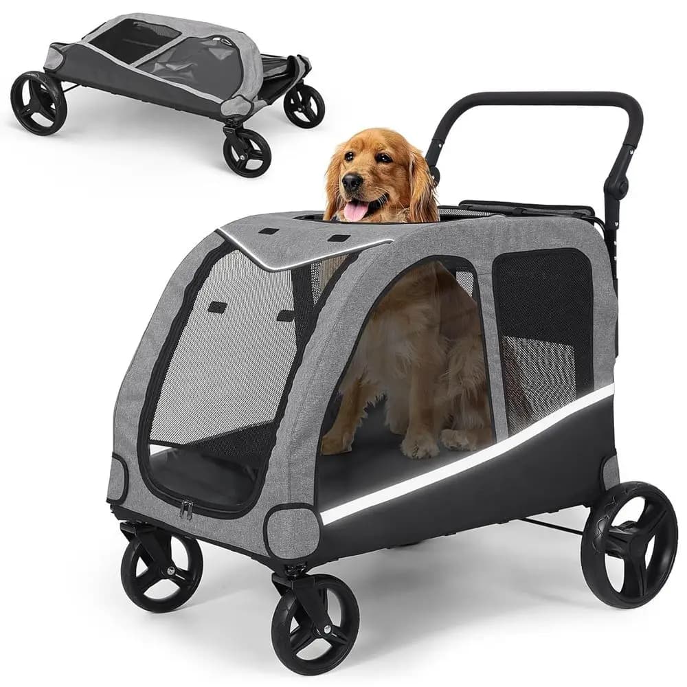 Passeggino per cani di taglia grande e media, passeggino doppio per animali domestici, pieghevole, maniglia regolabile, tasca, fino a 130 libbre (circa 59 kg)
