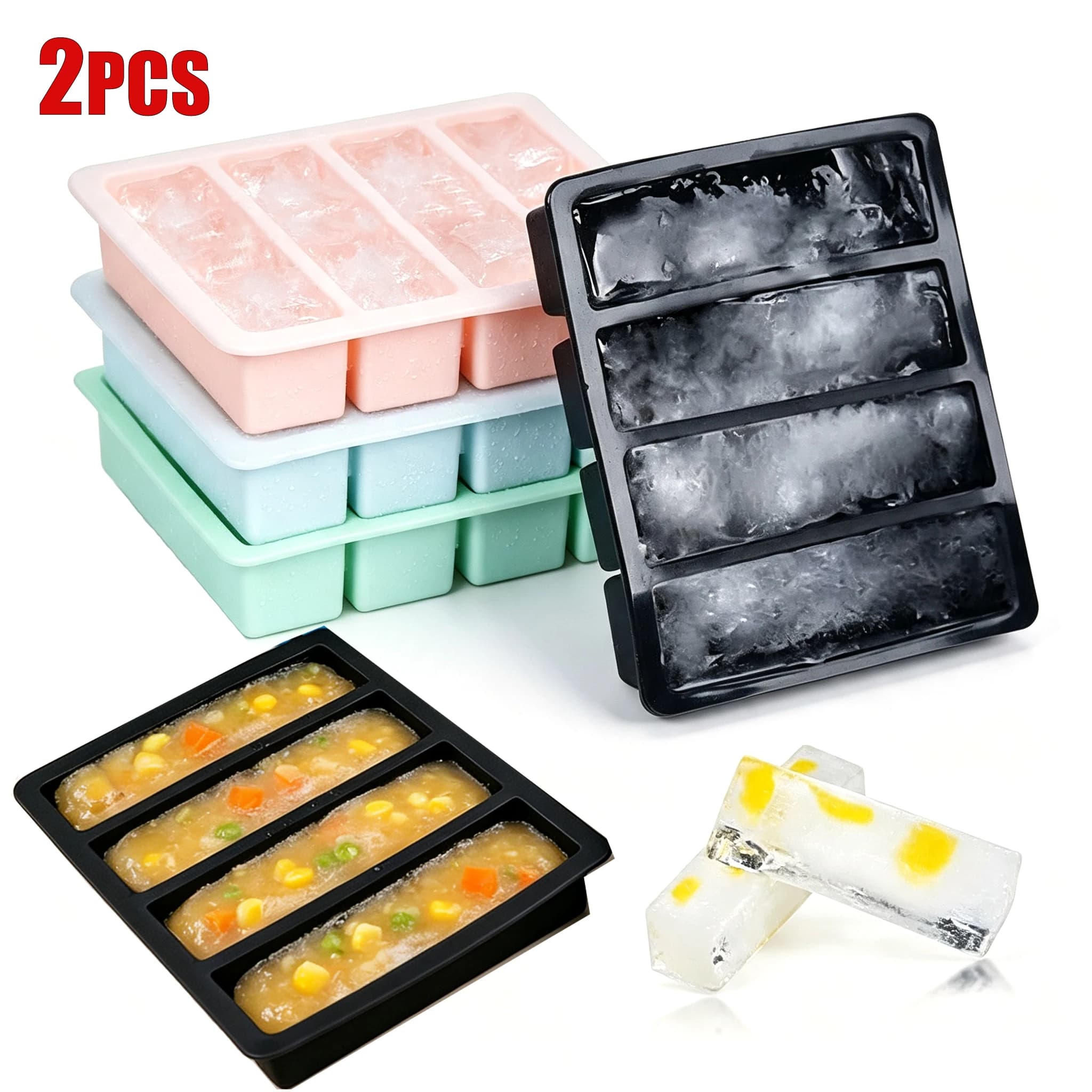4 Grids Silicone Freezer Tray Large Long Strip Ice Cube Tray with Lid Durable Easy-Release Soup Portion Freeze Trays Ice Mold