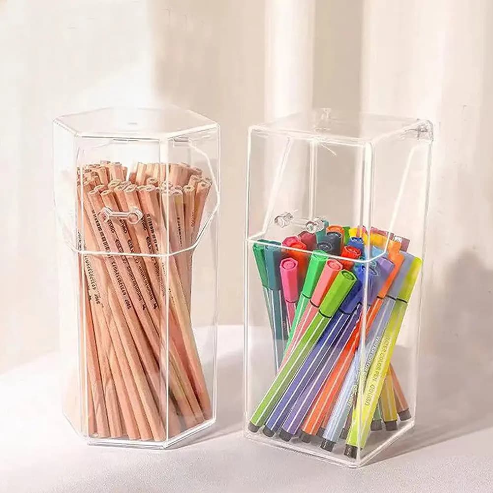 2Pcs Acrylic Desktop Storage Container Pen Holder Brush Organizer Makeup Storage Box Large Capacity Holder