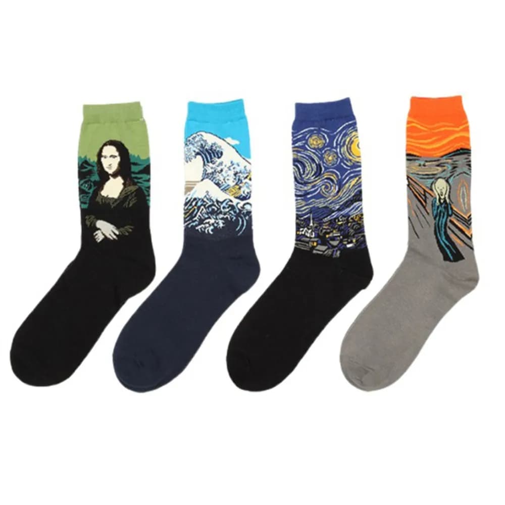 1 Pair Autumn Winter Retro Women New Art Van Gogh Mural World Famous Oil Painting Series Men Socks Funny Socks