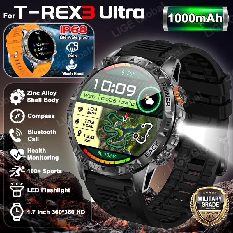 LIGE New Military Smartwatch for T-Rex 3 Ultra, 1000mAh Battery, IP68 Waterproof, Compass, Torch, Sports Tracker, Men's Smart Watch