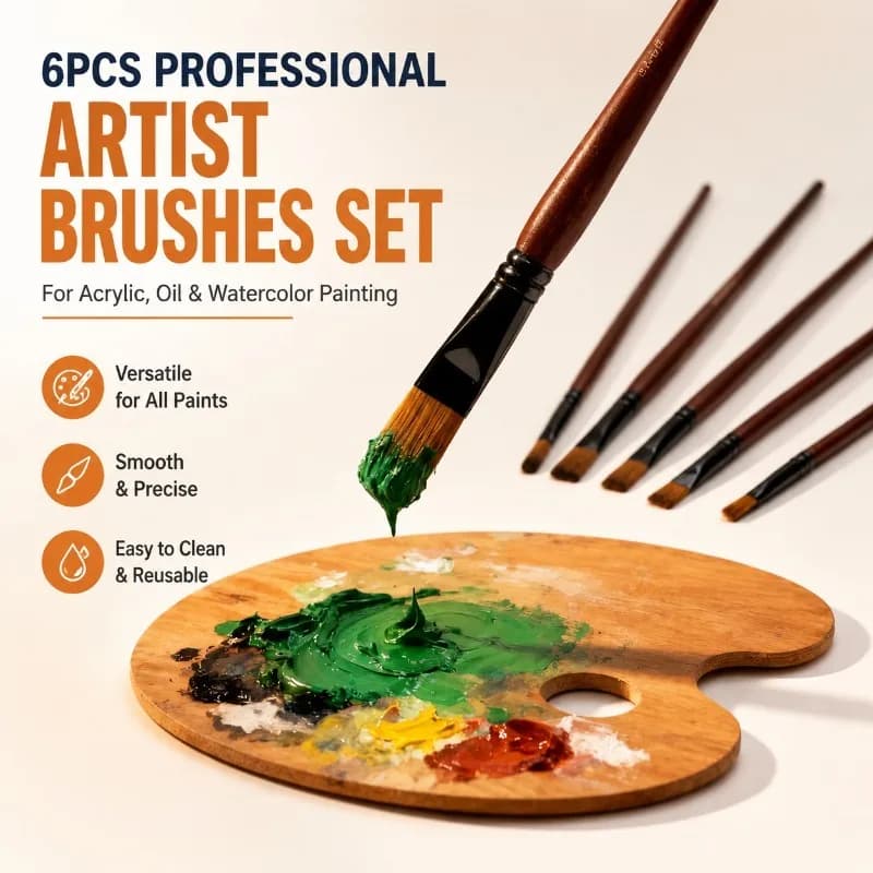 6pcs Professional Nylon Artist Paint Brushes Set for Acrylic, Oil & Watercolor Painting, Ergonomic & Easy Clean