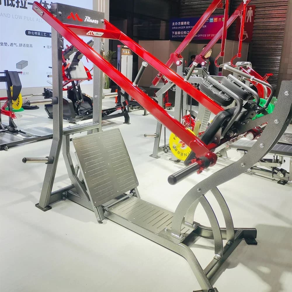 Macchina per squat a pendolo caricata con piastra per bodybuilding per squat a doppia pista per allenamento per la forza della palestra commerciale in fabbrica