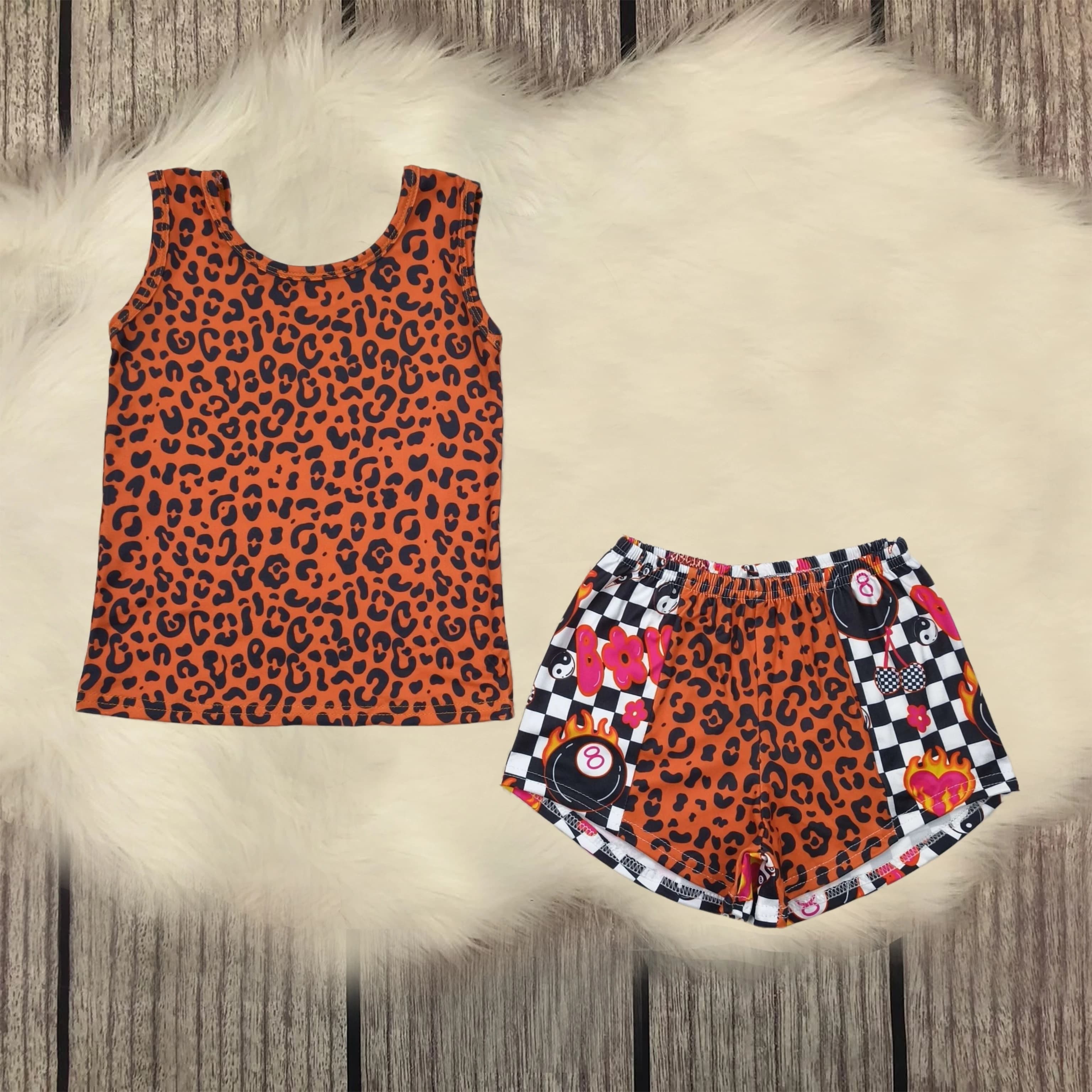 Vendita all'ingrosso neonate senza maniche top leopardato pantaloncini scozzesi neri set per bambini indumenti da notte per bambini outfit da boutique per bambini