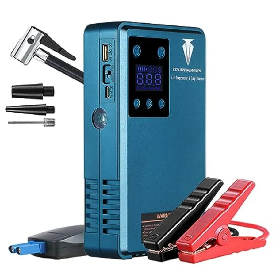 Avviatore di Emergenza Portatile con Compressore d'Aria per Gonfiaggio Pneumatici Auto, Gonfiatore Elettrico Digitale con Funzione di Arresto Automatico