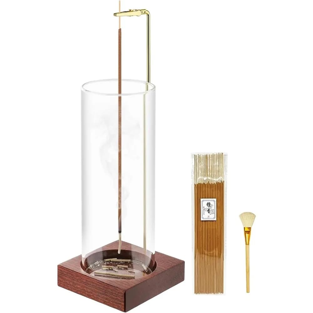 porta incenso, porta incenso in legno per bastoncini con 20 bastoncini di incenso, bruciatore di incenso anti-cenere con raccoglitore di cenere in vetro per medit