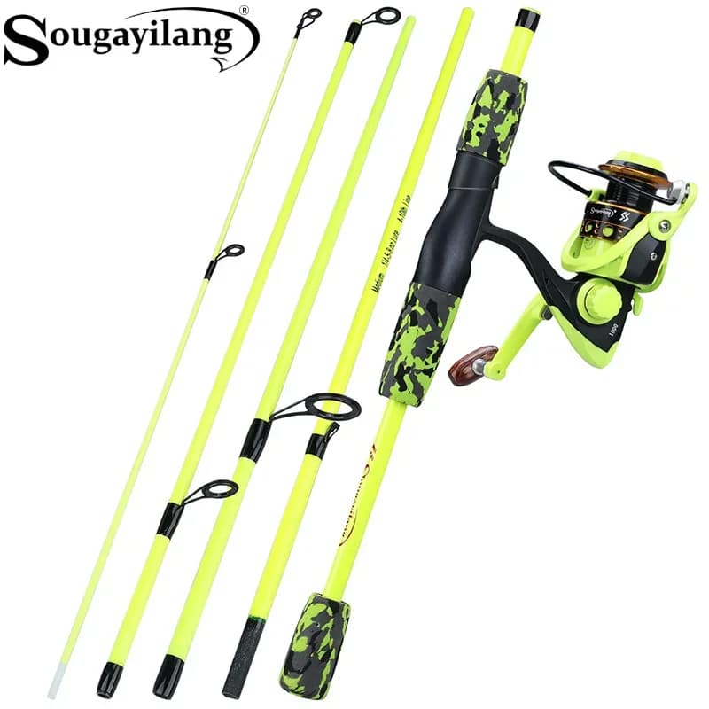 Sougayilang Set Canna da Pesca Portatile in 5 Sezioni Rossa/Gialla 170cm con Mulinello Spinning 1000 2000 3000