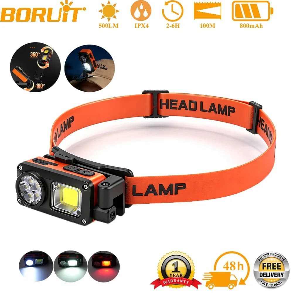 BORUiT Torcia Frontale LED 500LM con Sensore, 5 Modalità, Angolo Regolabile, con Magnete e Clip, Luce Rossa per Pesca all'Aperto