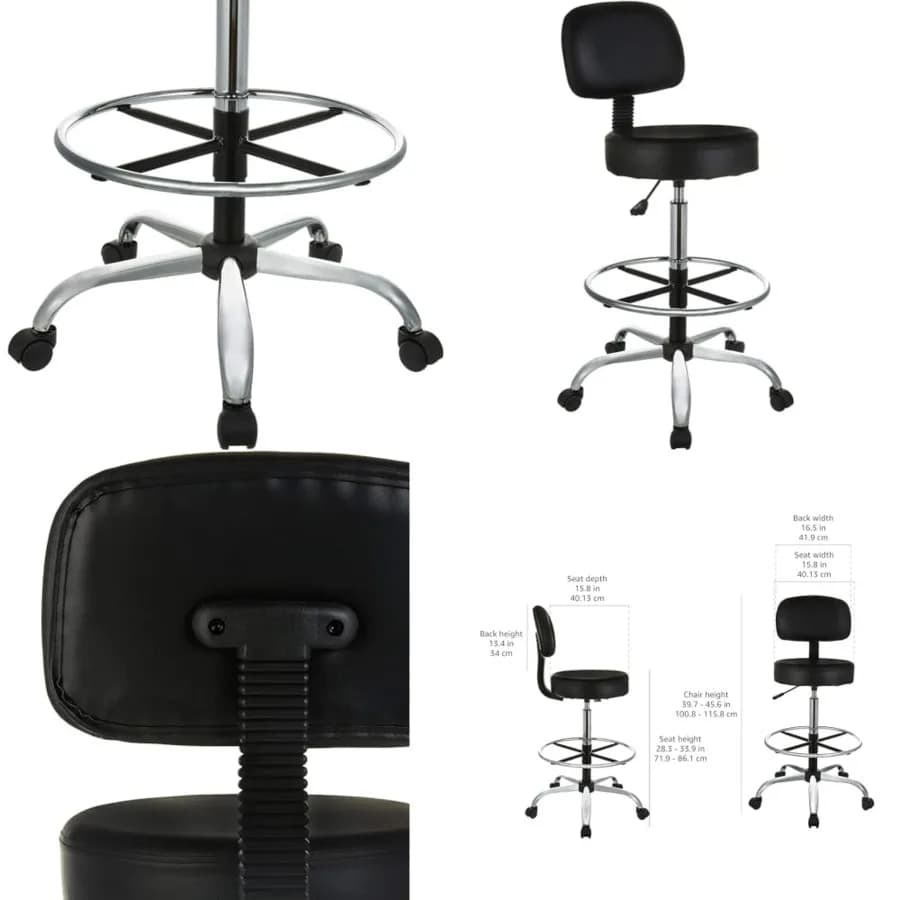 Sgabello da Bar Multifunzionale Regolabile con Robusto Poggiapiedi, Cuscino di Supporto Lombare, Rotazione a 360° ° Girevole e con ruote, nero