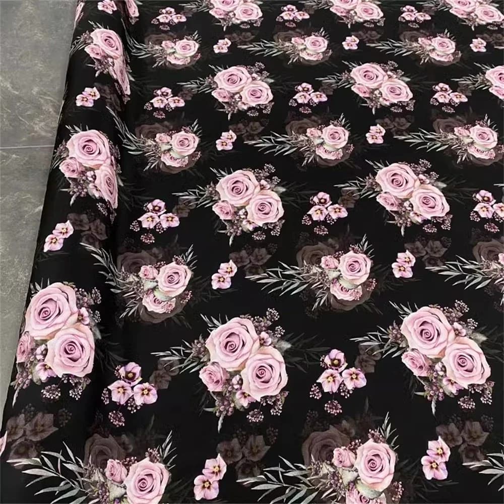 Classic Fashion Black Bottom Rose Summer Pure Mulberry Silk Dyeing Designer Sewing Dress Cloth Fabric Double Crepe Silk Fabric