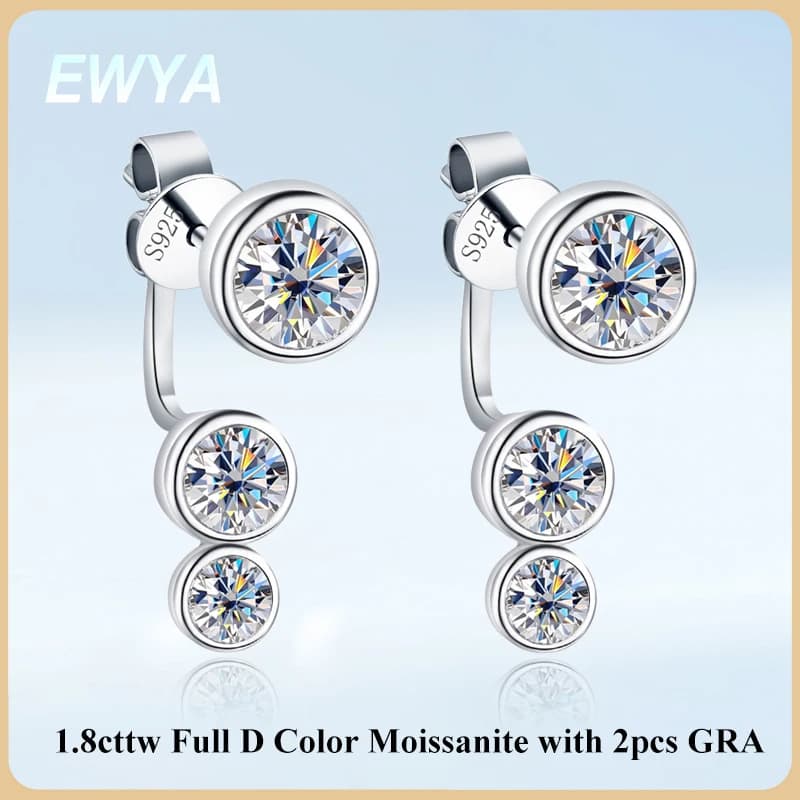 EWYA 2 in 1 Round Bubble Full D Color Moissanite Stud Earrings for Women 925 Silver All Diamond Earring Pierced Ear Fine Jewelry