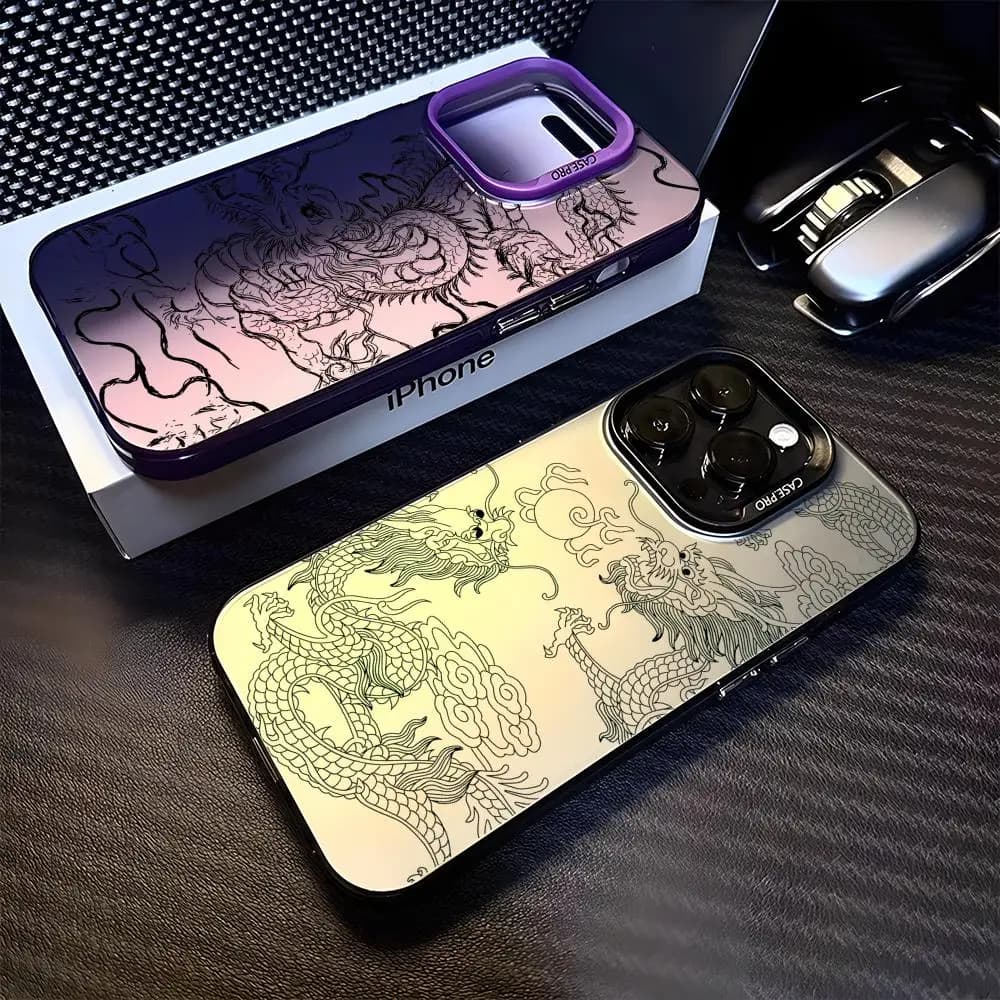 Custodia Protettiva per iPhone 17 16 15 14 13 12 11 Pro Max con Drago Cinese, Effetto Aurora Laser Opaco e Gradiente