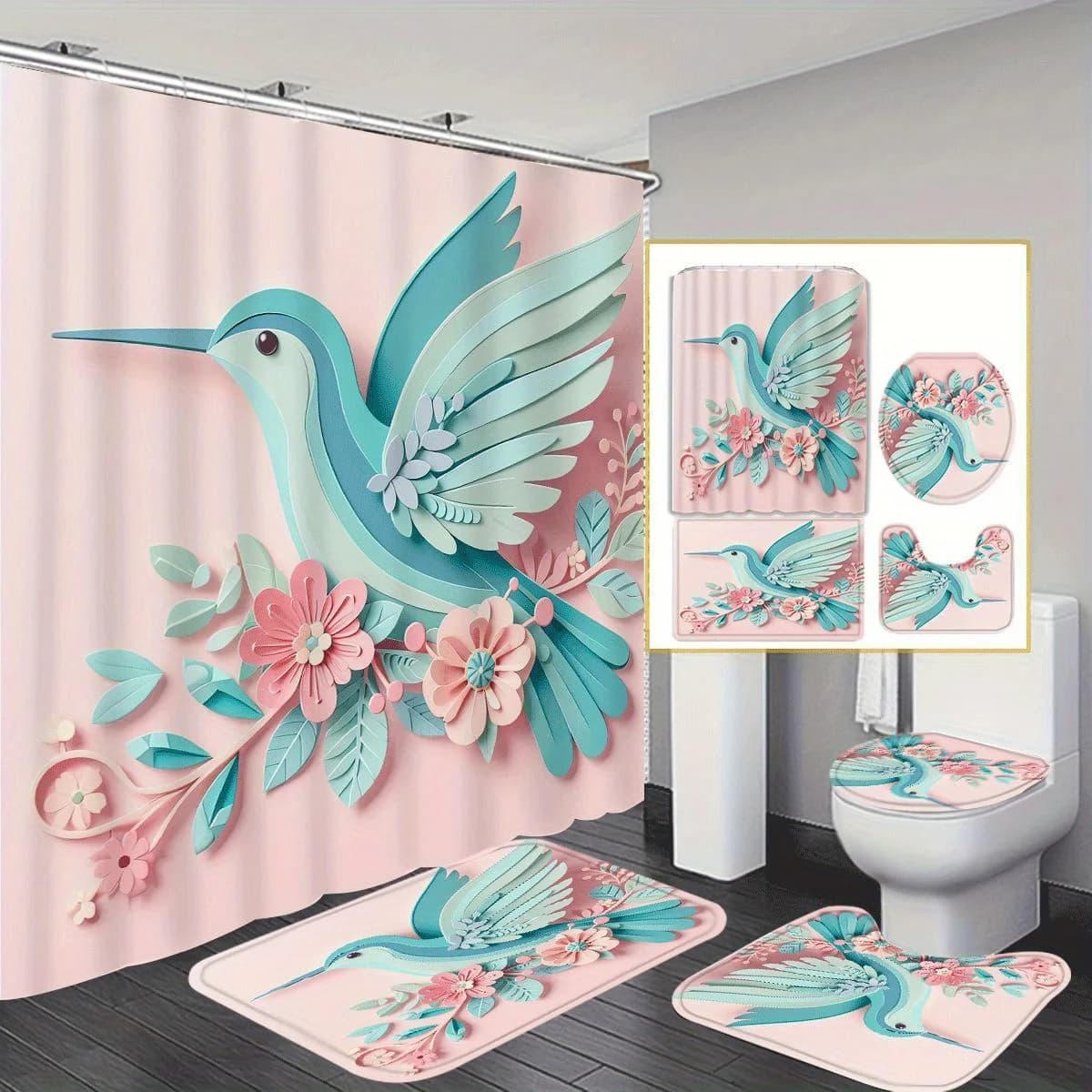 Tenda da doccia con motivo floreale 3D, poliestere, include set da 1/4, tappetino da bagno antiscivolo, sedile WC a forma di U e 12 ganci