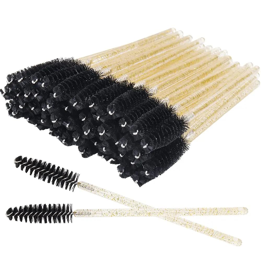 100 Pack Glitter Disposable Mascara Wands Eyelash Spoolie Brushes Makeup Applicator for Lash Extension Crystal Gold Handle Black Brush Head