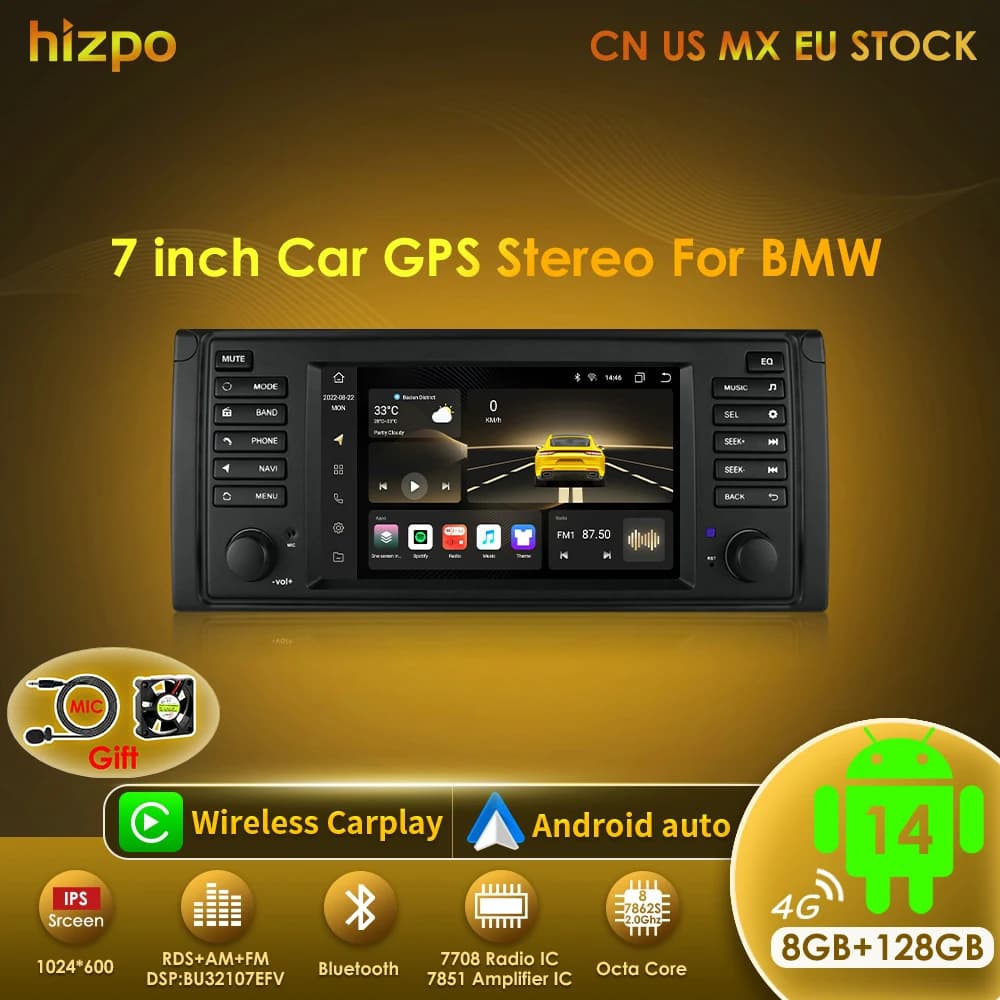 Hizpo Carplay 7 pollici Android 13 autoradio multimediale per BMW serie 5 E39 X5 E53 M5 1996-2003 navigazione stereo RDS stereo GPS