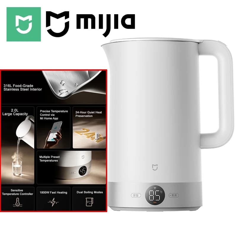 Bollitore elettrico MIJIA Temperature 3 Pro versione CN con adattatore, 4 impostazioni di temperatura dell'acqua, conservazione del calore 24 ore su 24, 2 litri