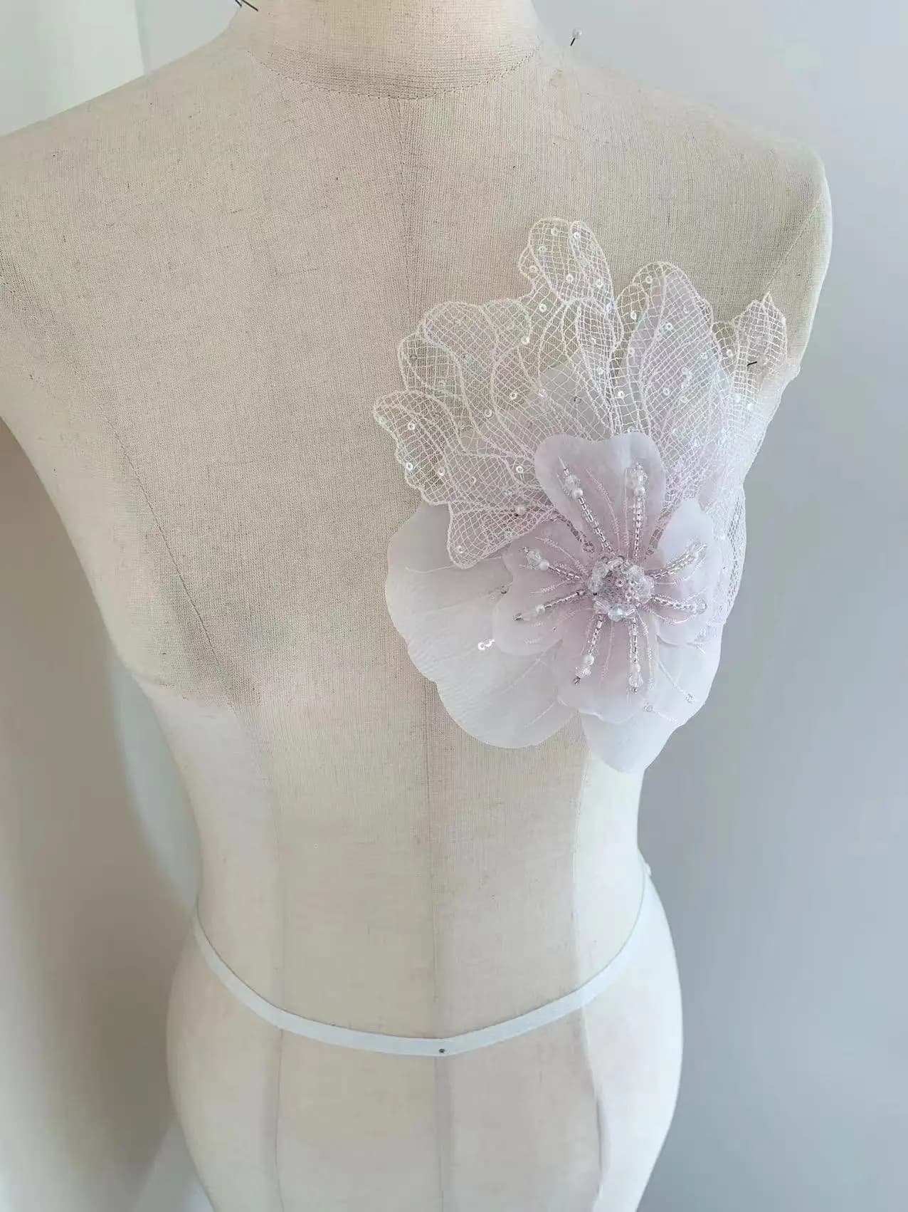 Lace patch with pink flower applique seed beads with 3D embroidered rhinestone sequins for high fashion, wedding dress, dirty white dance costume
