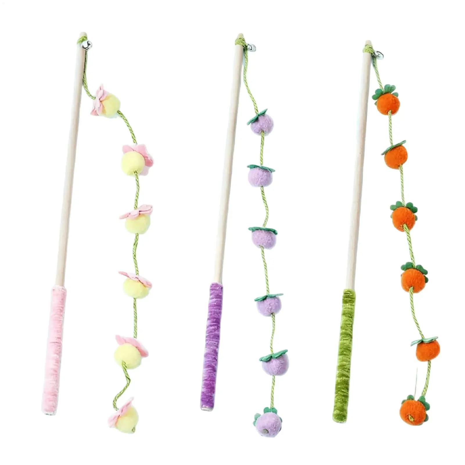 Cat Wand Toys 15.7 Inch Wooden Fruit-Shaped With Anti-Slip Handle Cat Teaser Toy For Indoor Kitten Playing Exercising Teeth