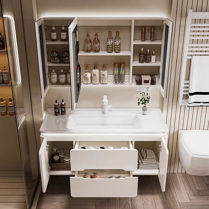 Armadietto con specchio da bagno Lavabo in ceramica Cassetti da bagno Armadi da soggiorno Decorazioni per la casa moderne Porta posteriore Ripiani angolari