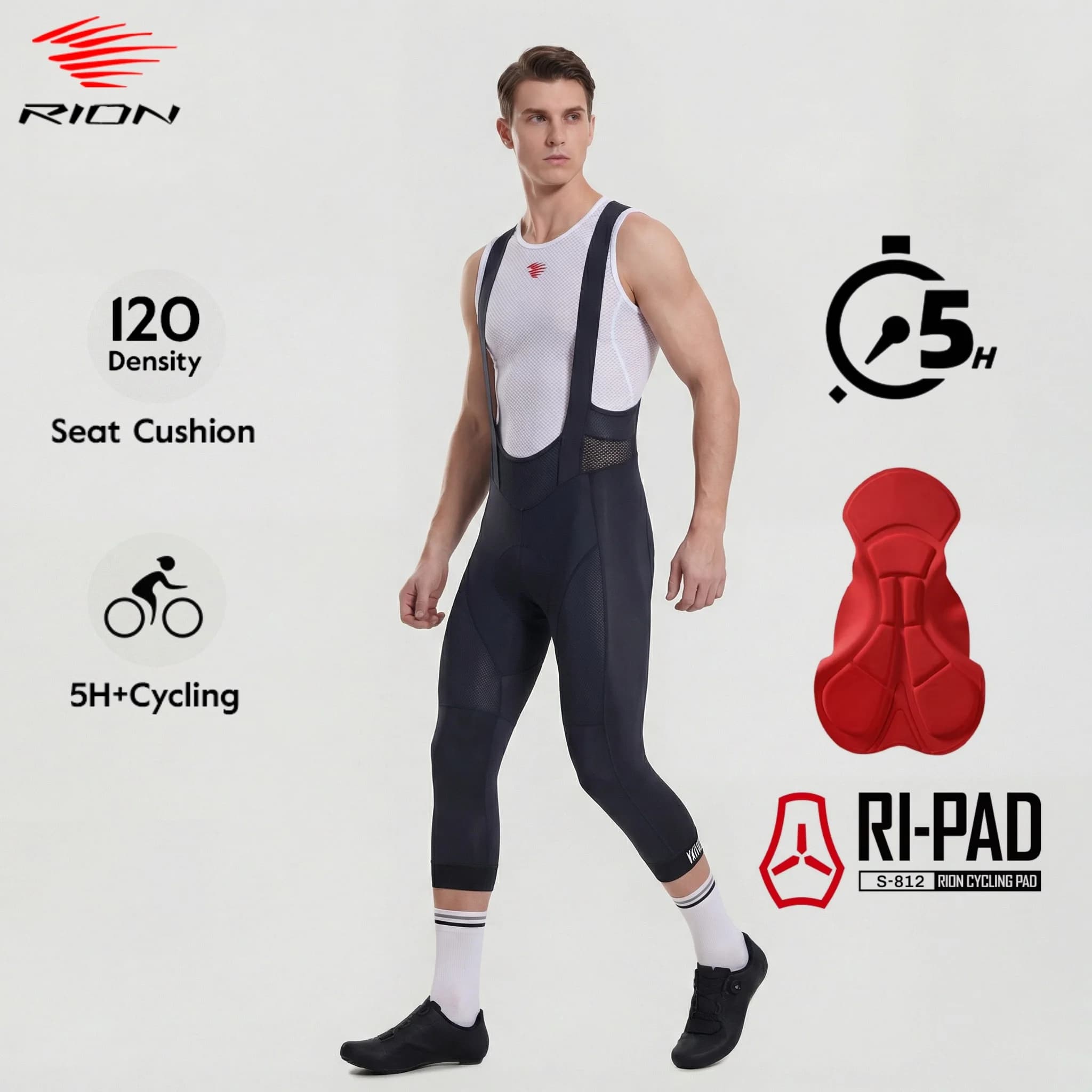 RION 3/4 Cycling Pants with Comfort 5H Padded, Reflective and Breathable for Road Bike and Mountain Bike, for Cats and Lengths Distances