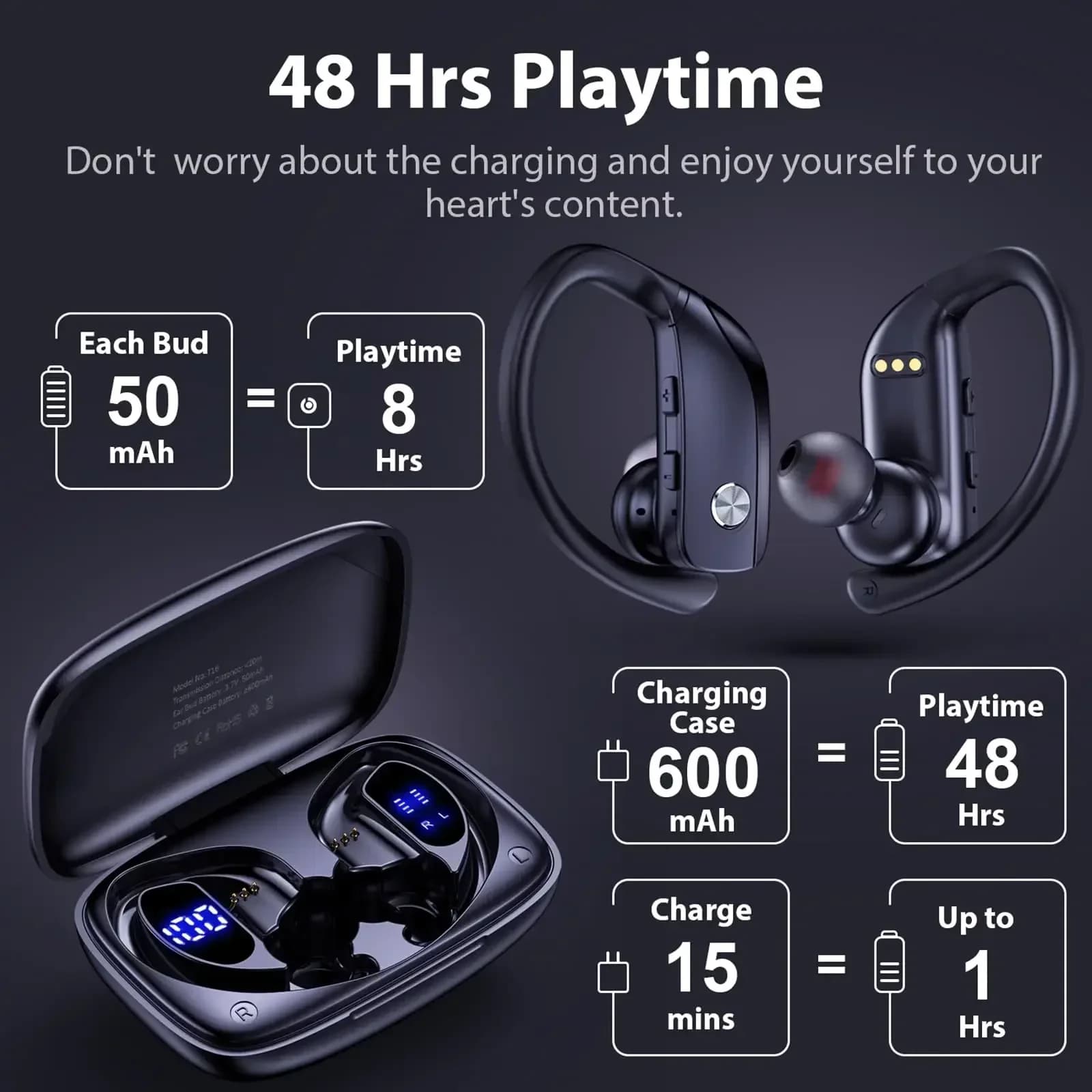 Wireless fitness earphones with LED display Bluetooth Airbud in-ear speaker with noise cancellation for fitness ride