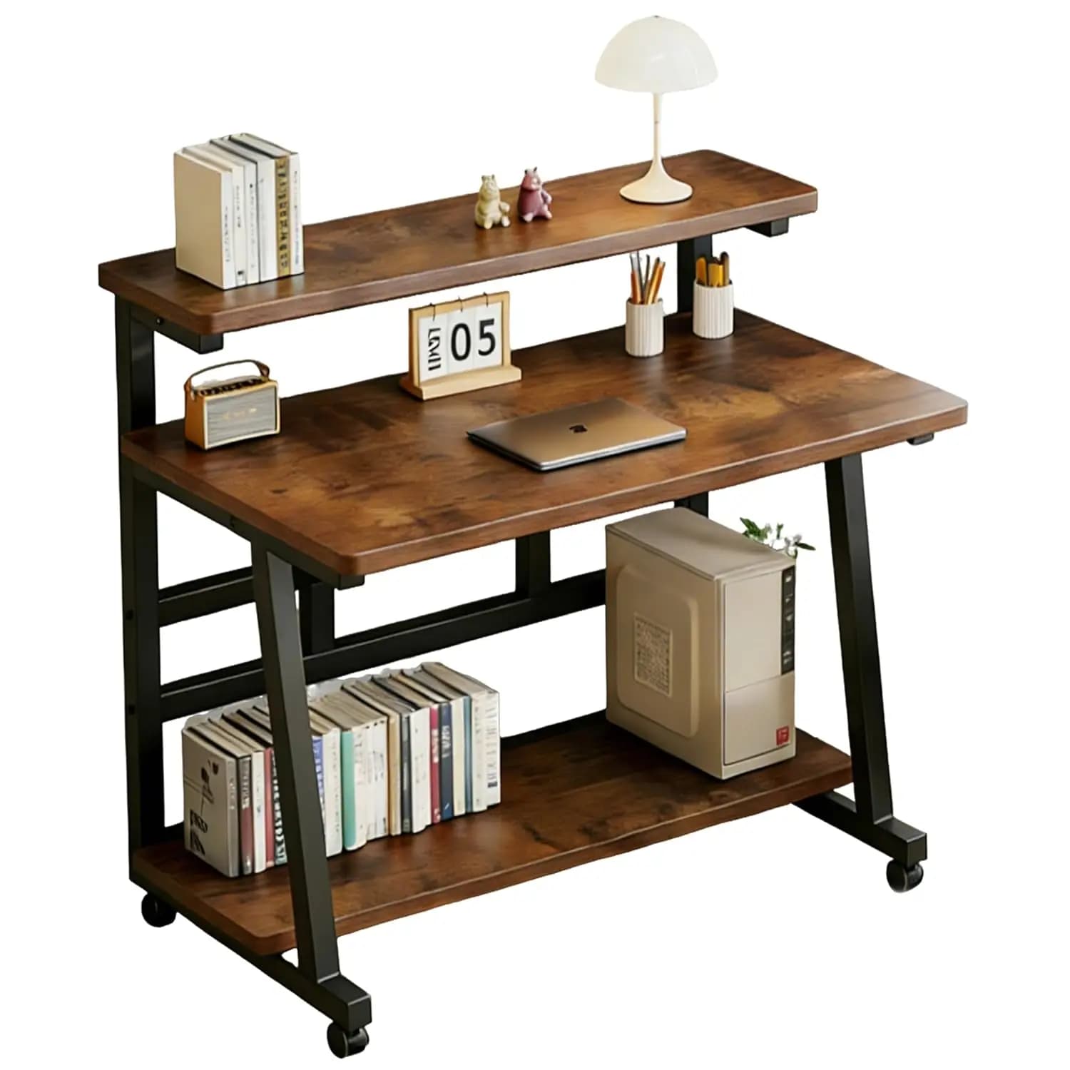 Desk with Wheels, 31.5 Inches, Compact Desk with 3 shelves and Monitor Support, Home Office Desk, Laptop, Customizable