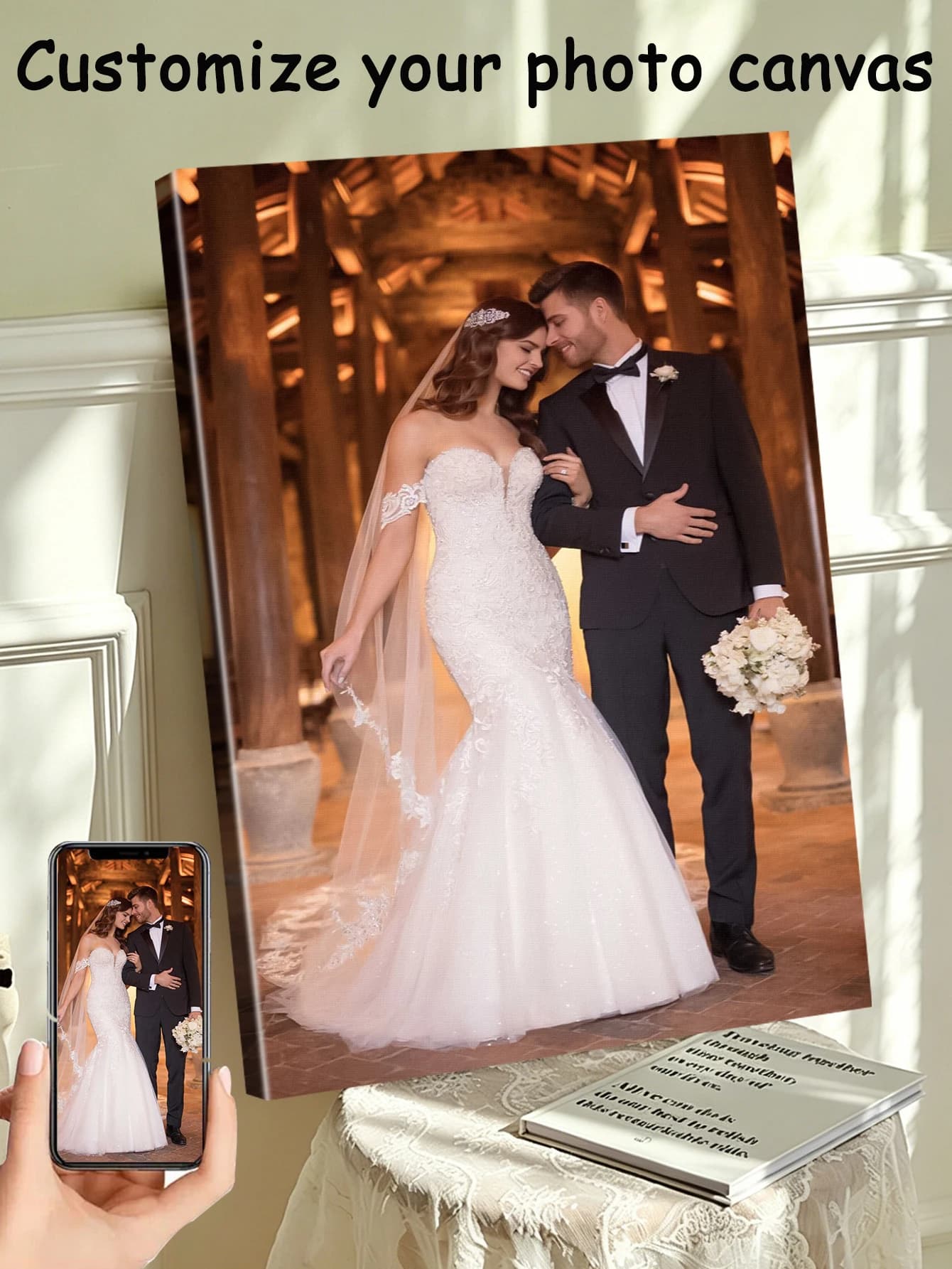1 tela fotografica personalizzata, cornice in legno fai-da-te opzionale o poster senza cornice, decorazione per matrimoni, personalizzazione su misura
