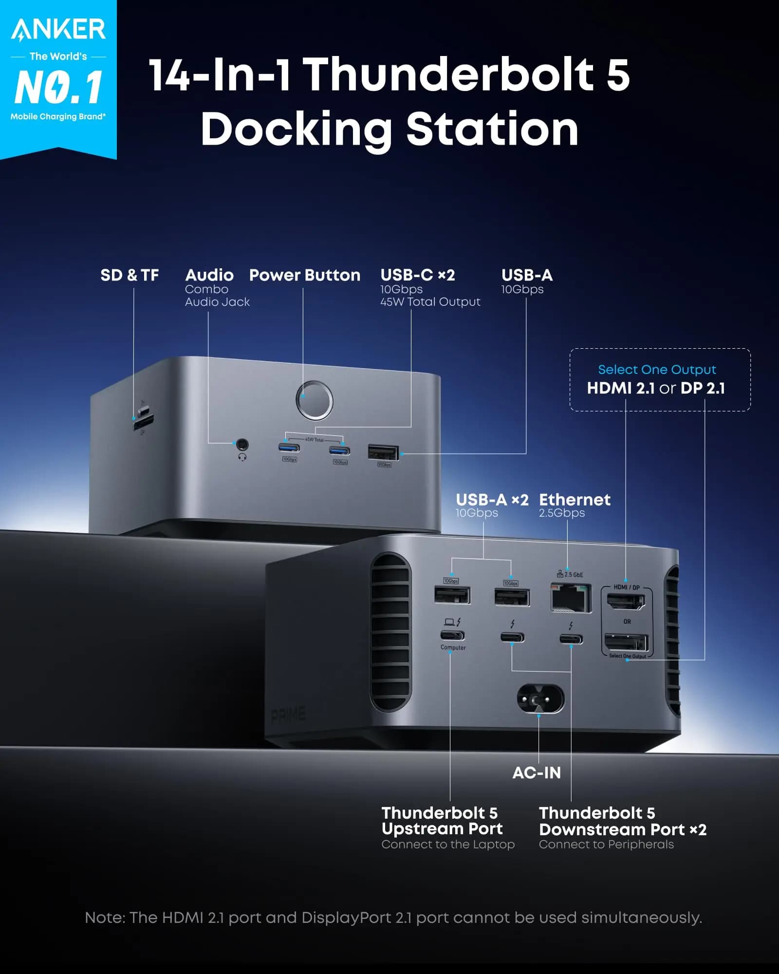 Anker Prime TB5 Docking Station Thunderbolt 5/4 a 14 Porte, Ricarica 140W, Trasferimento Massimo 120Gbps per Display 8K, Compatibile con Thunderbolt