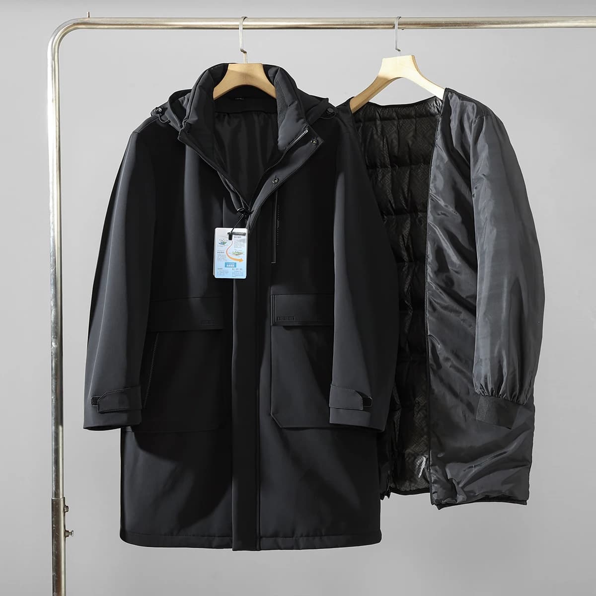 Detachable 90 Duck down Inner Windproof Water-resistant Men's Hooded Mid-length Three-in-One down Jacket Urban Casual ...