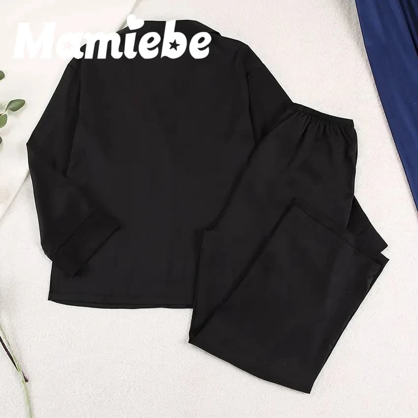 Pigiama di seta da donna nuovo imitazione seta di ghiaccio nero confortevole colore leggero di lusso manica lunga pantaloni larghi set di indumenti da notte