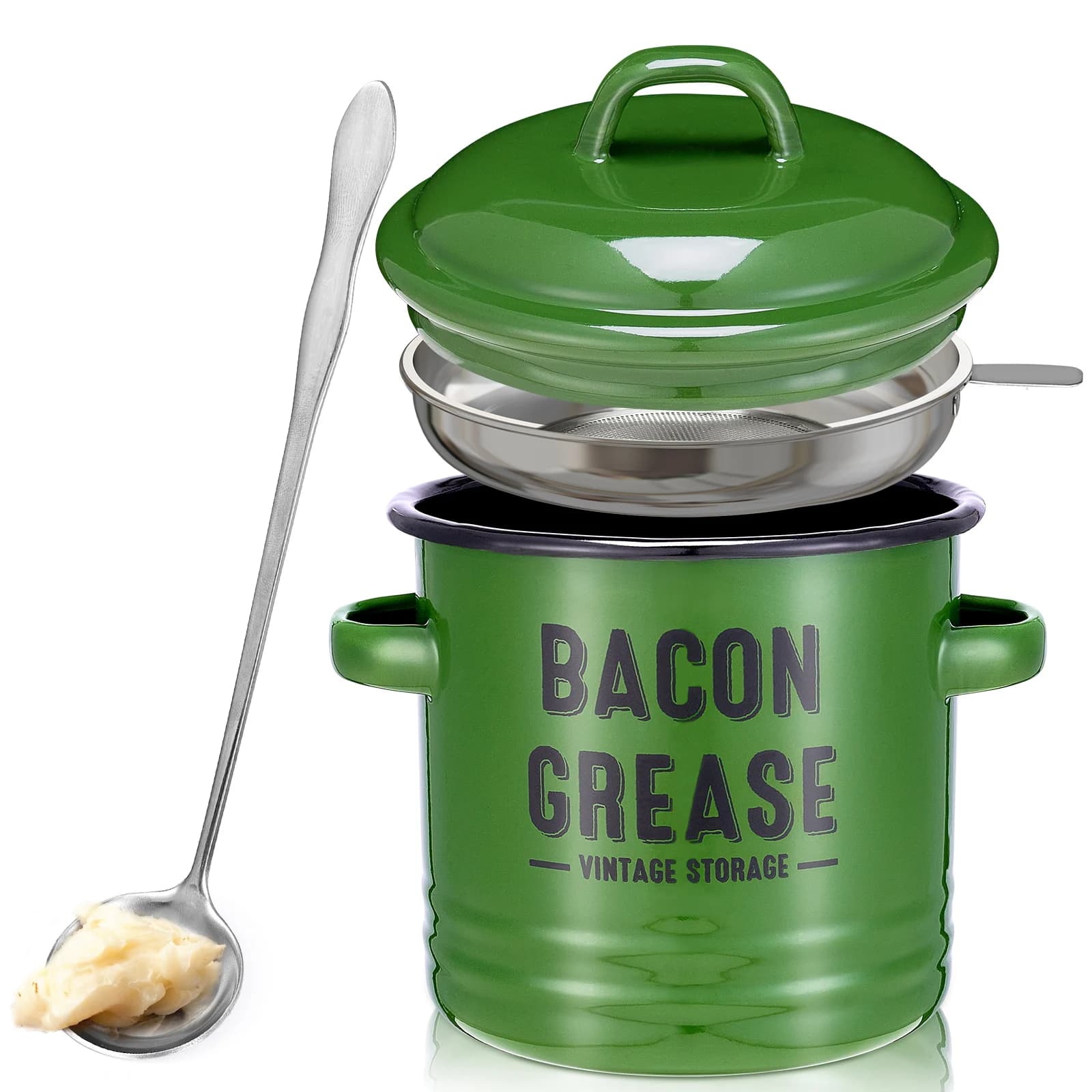 Fat container for bacon with filter - Large red container for 46 ounces kitchen oil, food container with lid | Green farm vase