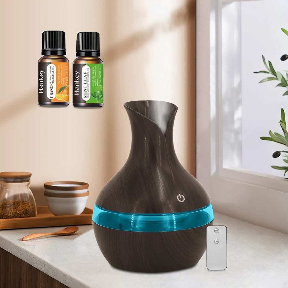 Umidificatore USB a basso rumore Diffusore per aromaterapia con venature del legno scuro da 300 ml con luce notturna e spegnimento automatico per ufficio della camera da letto