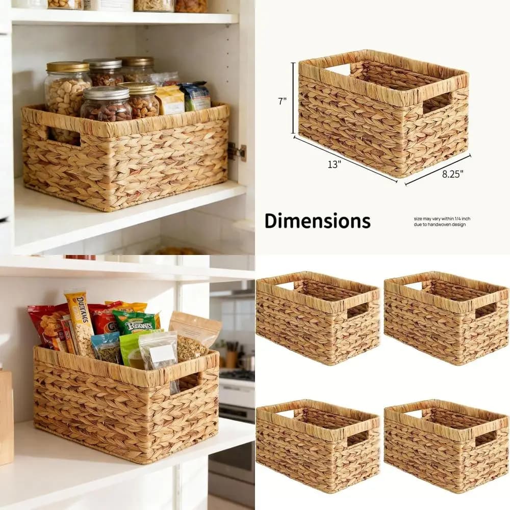Set di 4 Cesti Portaoggetti in Vimini con Manici, Organizzatori per Dispensa, Armadio, Bagno, Cucina, 13x8.25x7 Pollici