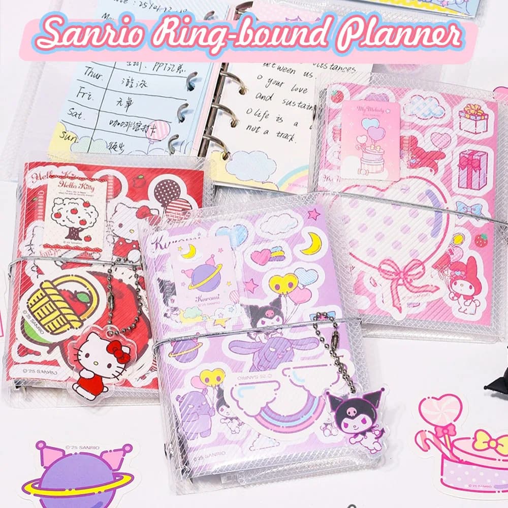 Quaderno Sanrio Hello Kitty Originale con Personaggi Cartoon Cinnamoroll Kuromi Melody, Agenda ad Anelli M5 con Adesivi, Regalo per Ragazze