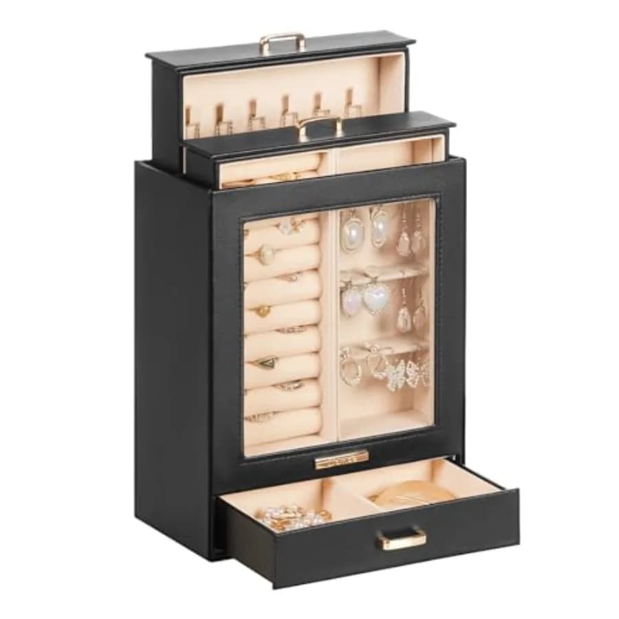 Jewelry Organizer Box for Women Girls Necklaces Rings Earrings Bracelets Storage Case Black + Gold