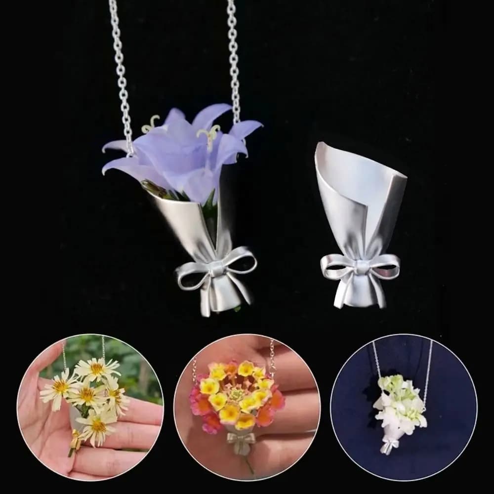 Mini Flower Bouquet Necklace Vintage DIY Bouquet Pendant Necklace Wearable Can Be Inserted Flower Insert Necklace Jewelry Gift