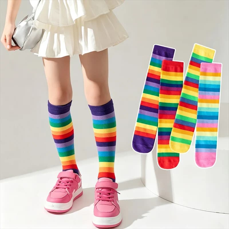 1Pair/2Pairs Rainbow Striped Kids Girls Knee High Socks Breathable Girl Boy Colorful Mid Tube Socks Toddler Children Long Socks