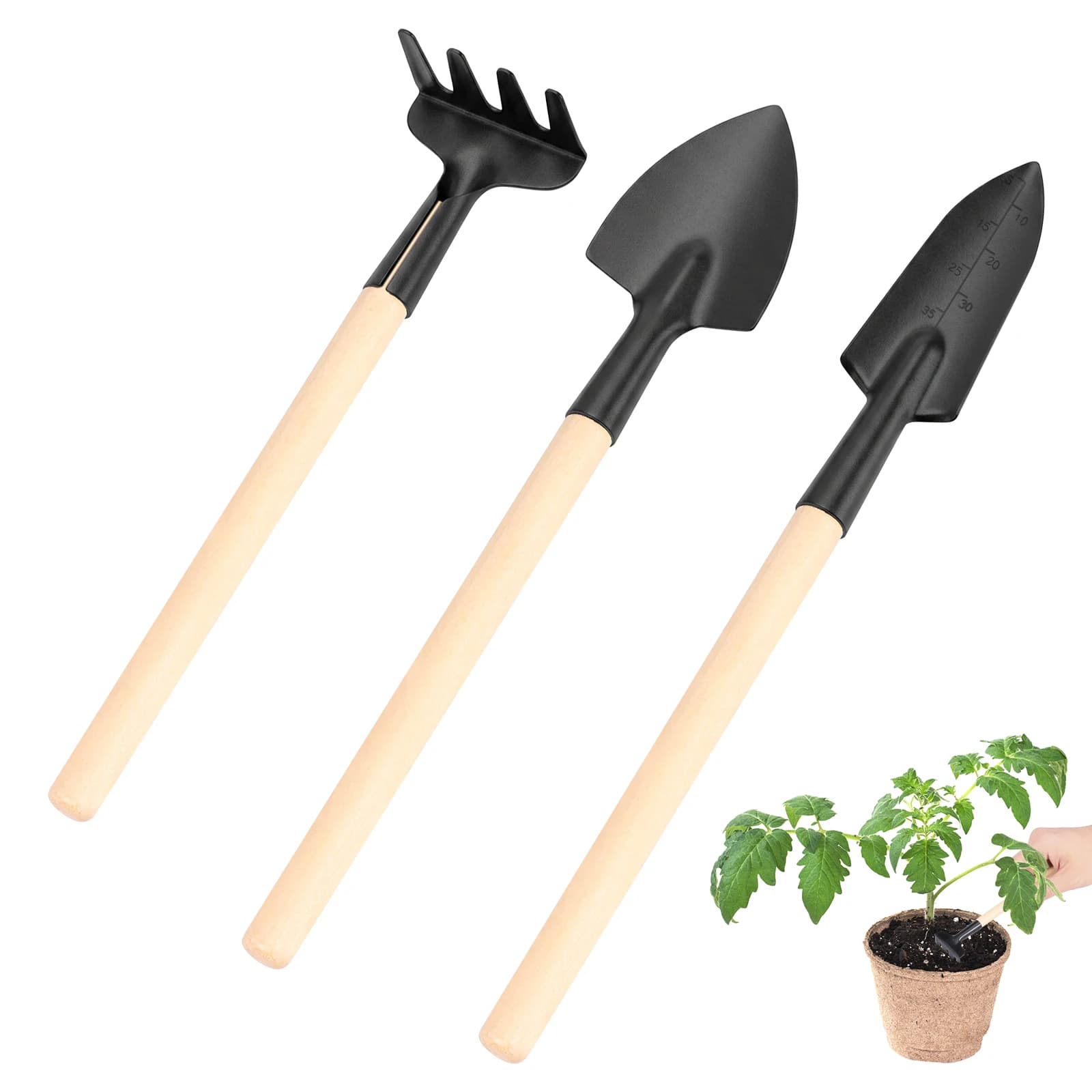 Set di 3 Mini Attrezzi da Giardinaggio Multifunzione, Pala e Erpice per Trapianto di Piante in Vaso