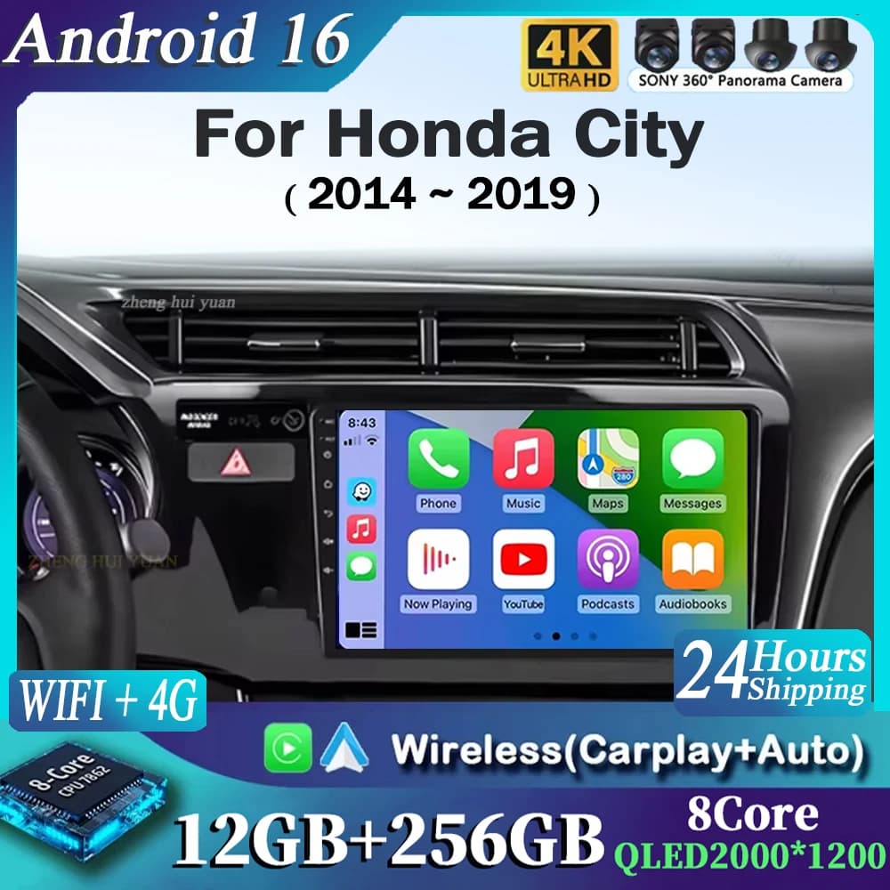 Per Honda City 2014 2015 2016 2017 2018 2019 Android 15 Qualcomm Autoradio GPS Navi QLED Schermo Lettore per auto WIFI BT 4G Unità principale