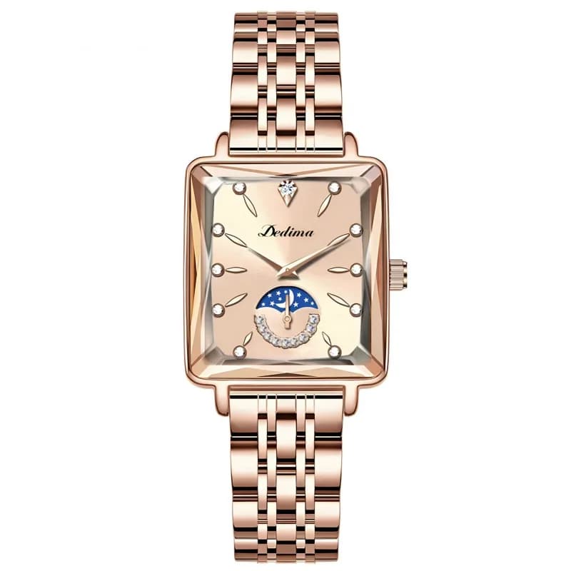 Orologi al quarzo quadrati dorati per donna Orologio da polso alla moda con decorazione di stelle lunari con intarsio di diamanti Orologi femminili di lusso con luce squisita